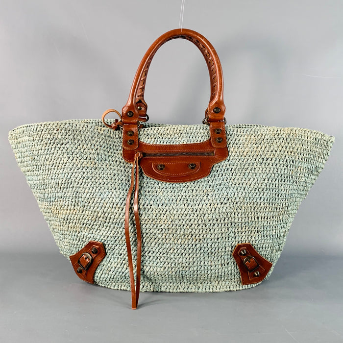 BALENCIAGA Green Brown Woven Raffia Oversized Tote Handbag