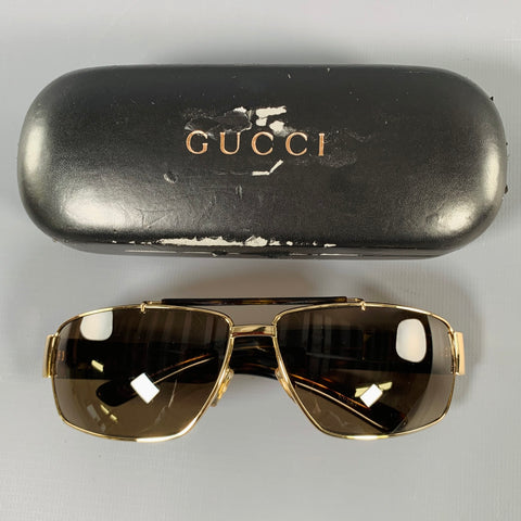 GUCCI Gold Tortoise Shell Aviator Square Sunglasses