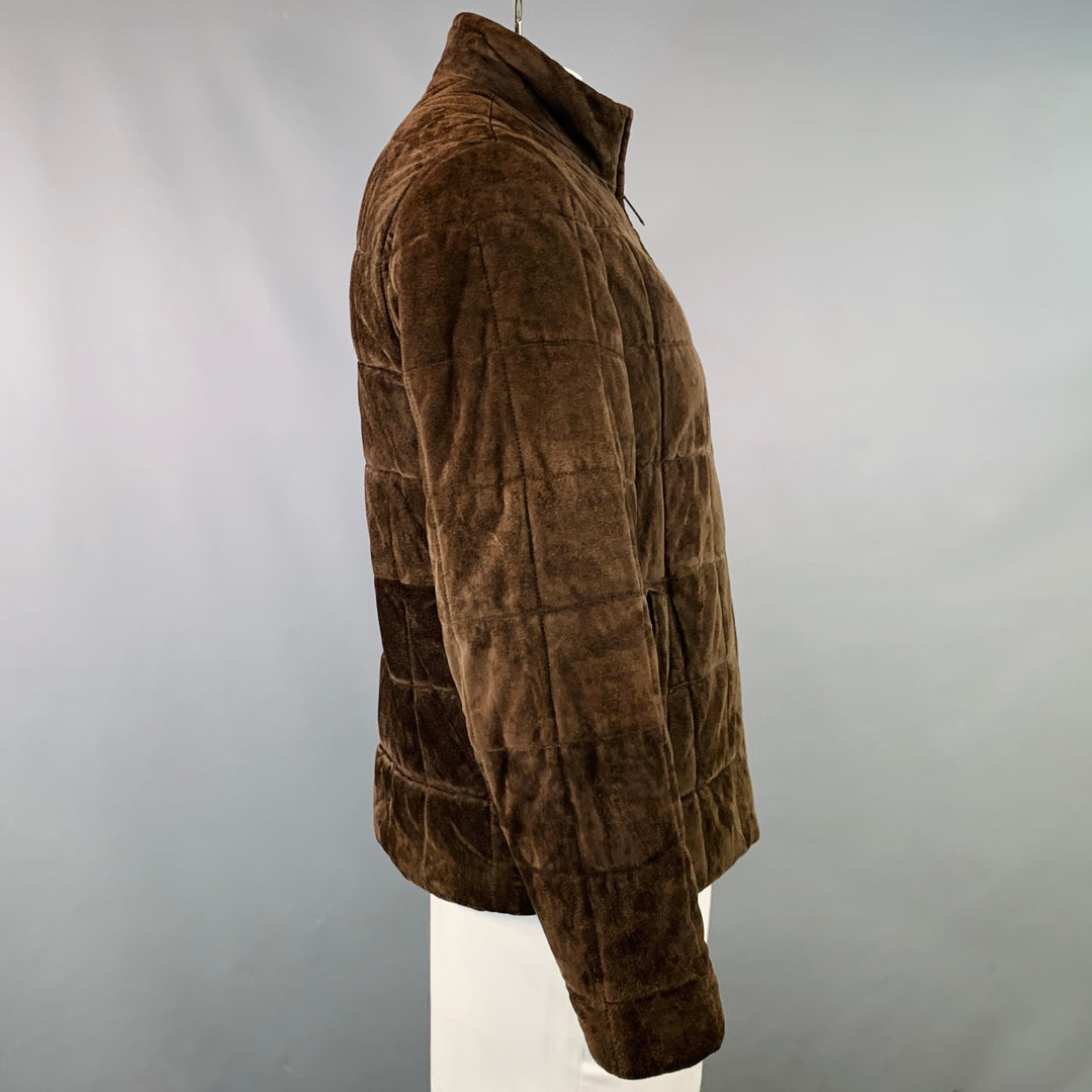 ERMENEGILDO ZEGNA Size L Brown Quilted Suede Zip Up Jacket