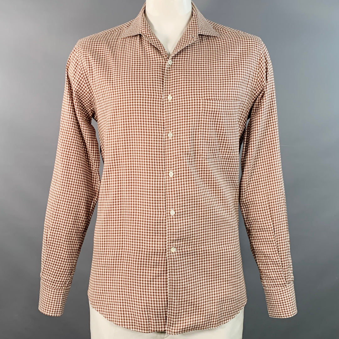 LORO PIANA Size L Brown White Gingham Cotton One Pocket Long Sleeve Shirt