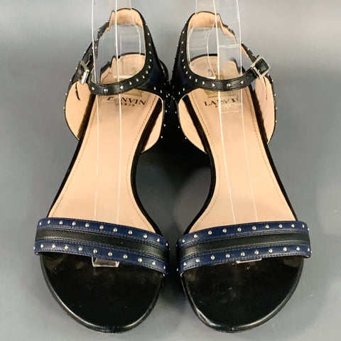LANVIN Size 8.5 Navy Black Leather Studded Ankle Strap Sandals
