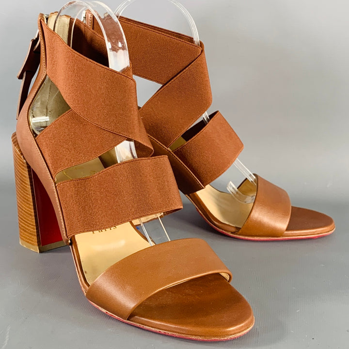 CHRISTIAN LOUBOUTIN Size 9.5 Patrouille Brown Leather Elastic Straps Block Heel Sandals