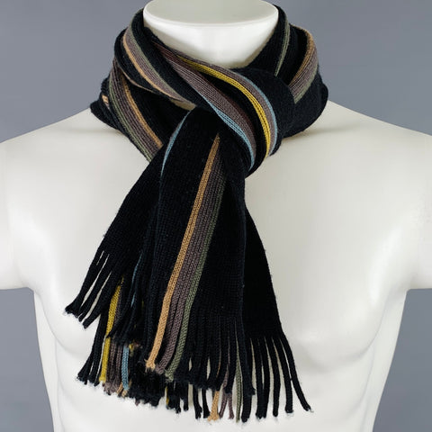 PAUL SMITH Black Multi Color Stripe Rib Knit Scarf