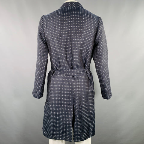 LA PERLA Size L Navy White Dots Linen Silk Shawl Collar Robe