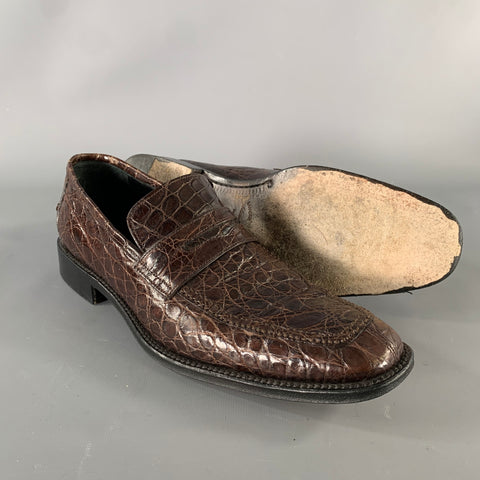 SALVATORE FERRAGAMO Size 8.5 Brown Embossed Leather Slip On Loafers