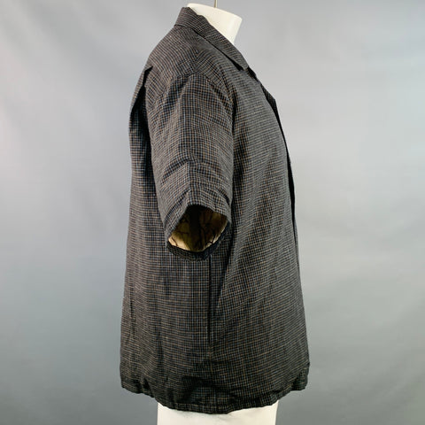 VISVIM Size L Wallis Down Black Brown Blue Window Pane Wool Linen Oversized Short Sleeve Shirt