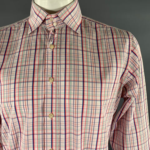 ETRO Size XL Pink Blue Green Plaid Cotton Long Sleeve Shirt