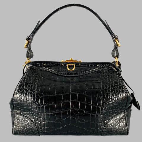 RALPH LAUREN COLLECTION Black Gold Alligator Doctor Handbag