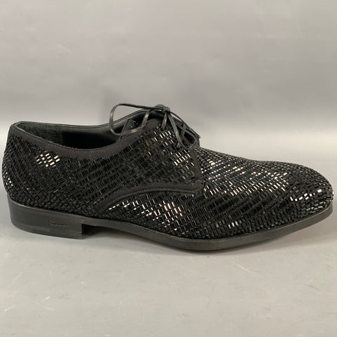 SALVATORE FERRAGAMO Size 10.5 Black Sequined Leather Lace Up Shoes