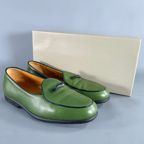 A.TESTONI Size 8 Green Black Contrast Stitch Leather Slip On Loafers