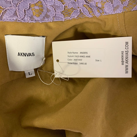 AKNVAS Size L Lavender Khaki Lace Polyester Button Up Long Sleeve Shirt
