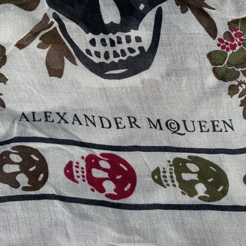 ALEXANDER MCQUEEN White Green Skull Floral Fringe Square Scarf
