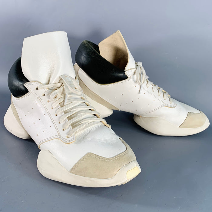 ADIDAS x RICK OWENS PE14 Pointure 10.5 Baskets Vicious Blanches Noires Taupe en Cuir Color Block à Semelle Épaisse