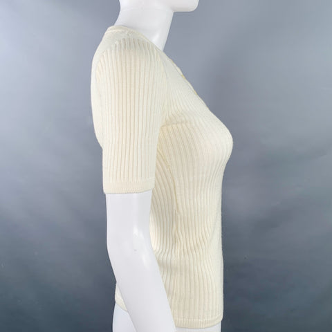 COURREGES Size 0 Cream Acrylic Rib Knit Short Sleeve Casual Top