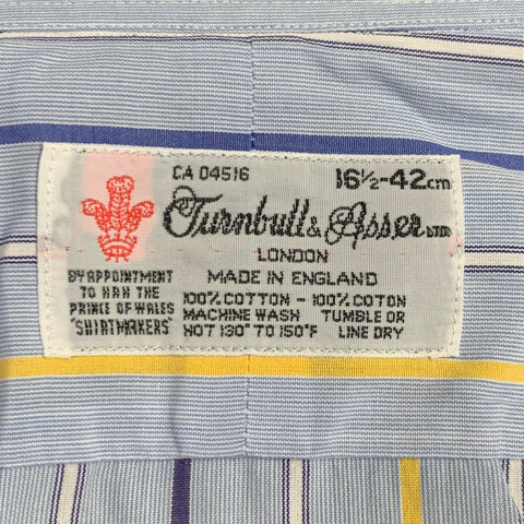 TURNBULL & ASSER Vintage Size L Blue Navy Yellow Stripe Cotton French Cuff Long Sleeve Shirt