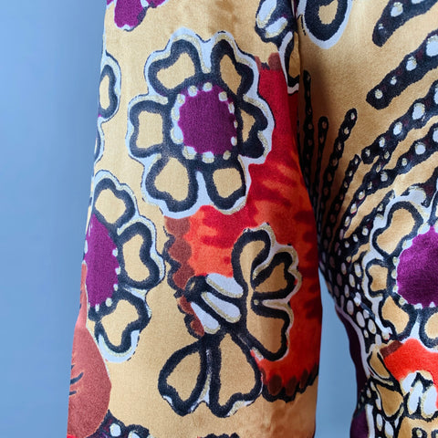 JUST CAVALLI Size L Red Yellow Abstract Floral Silk Western Long Sleeve Shirt