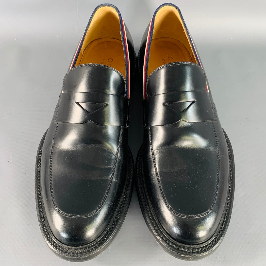 GUCCI Size 10.5 Black Red Blue Contrast Trim Leather Penny Loafers