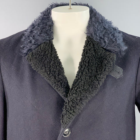 DRIES VAN NOTEN Size 42 Navy Black Wool Blend Faux Fur Collar Coat