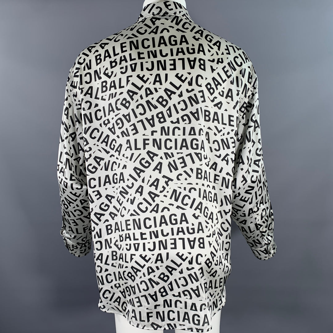 BALENCIAGA Size S Black White Monogram Polyester Button Up Long Sleeve Shirt
