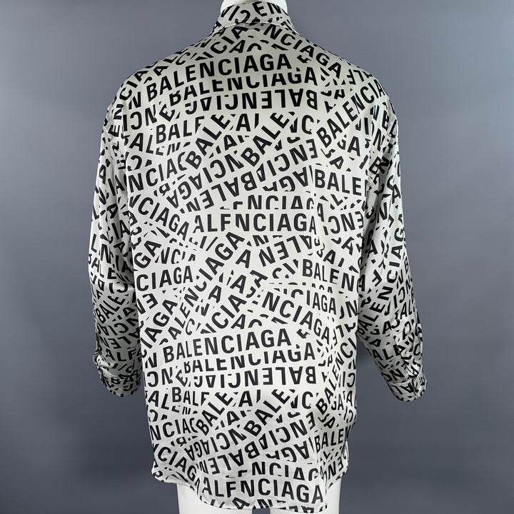BALENCIAGA Size S Black White Monogram Polyester Button Up Long Sleeve Shirt