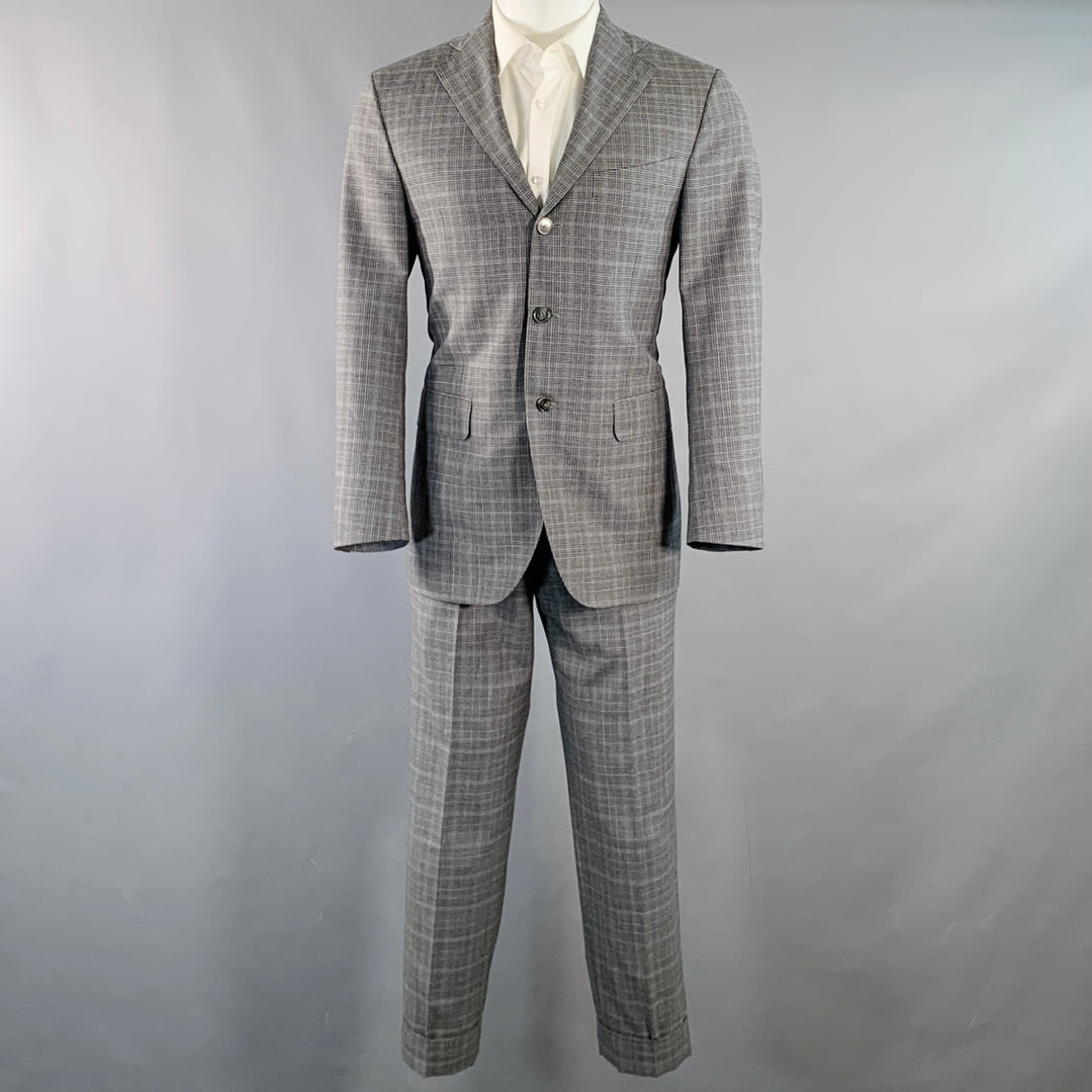 EIDOS Size 38 Regular Grey Charcoal Plaid Wool Notch Lapel Suit