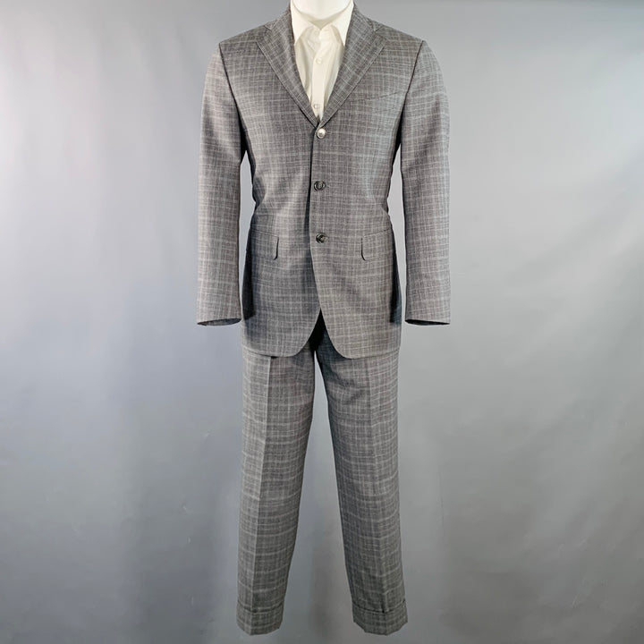 EIDOS Size 38 Regular Grey Charcoal Plaid Wool Notch Lapel Suit