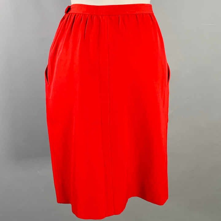 SAINT LAURENT Size 6 Red Cotton Twill Pleated Side Zipper Pencil Skirt