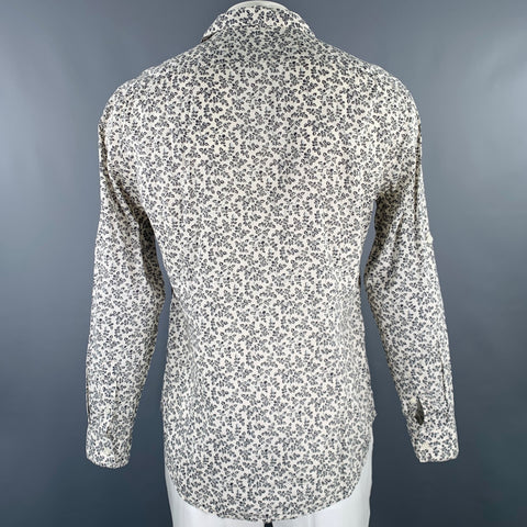 JOHN VARVATOS Size L Off White Navy Leaves Cotton One Pocket Long Sleeve Shirt
