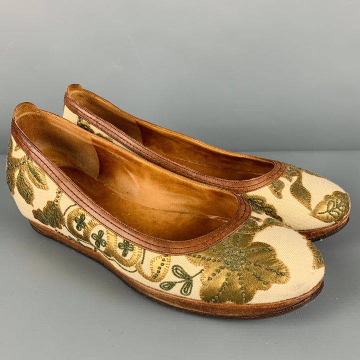 DRIES VAN NOTEN Size 7.5 Cream Gold Fabric Embroidered Leaves Wedge Flats