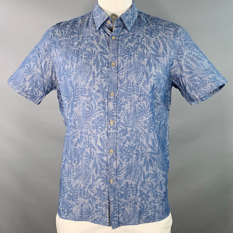 TED BAKER Size L Subzero Blue Grey Tropical Cotton Linen Short Sleeve Shirt