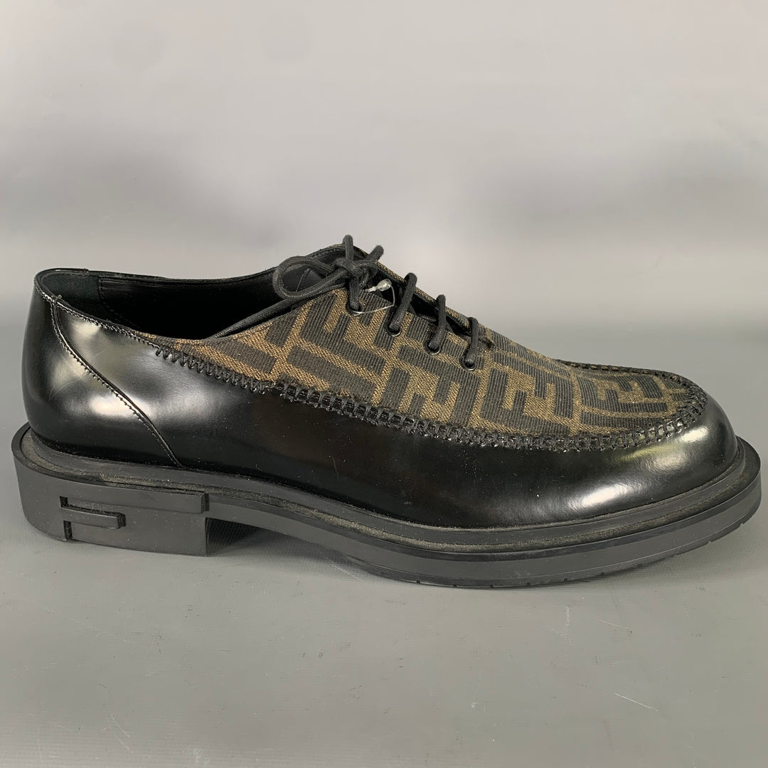 FENDI Size 10 Black Brown Monogram Leather Lace Up Shoes