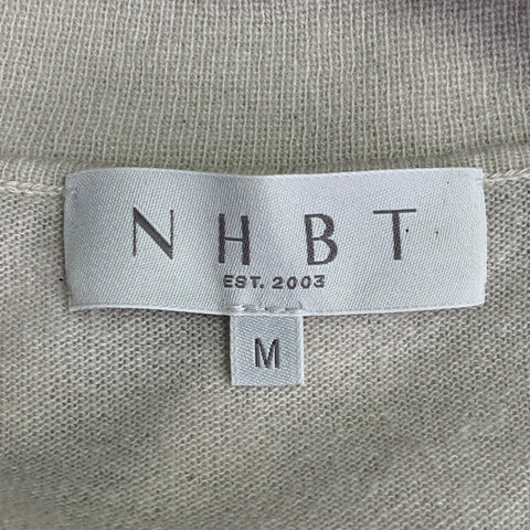 NHBT Size M Beige Cashmere Knit Open Collar V-Neck 3/4 Sleeves Casual Top