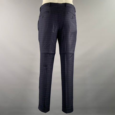 BOGGI Chest Size 36 Navy Blue Tartan Wool Notch Lapel 34 28 Suit