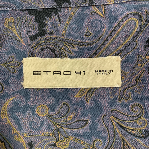 ETRO Size 41 Blue Grey Paisley Curved Cutaway Long Sleeve Shirt