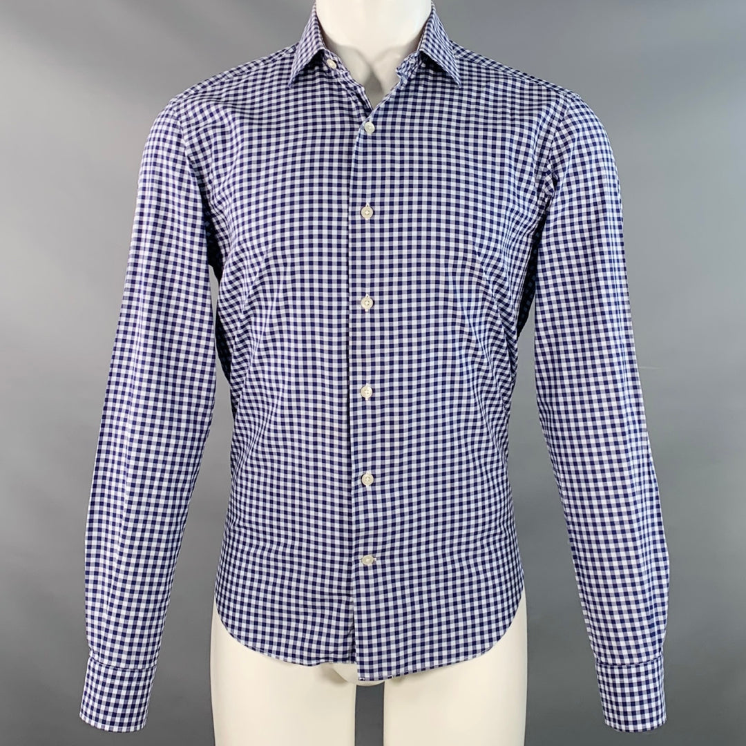 culturata dress shirts CULTURATA Size M White Navy Blue Gingham Cotton Tailored Fit Long Sleeve Shirt