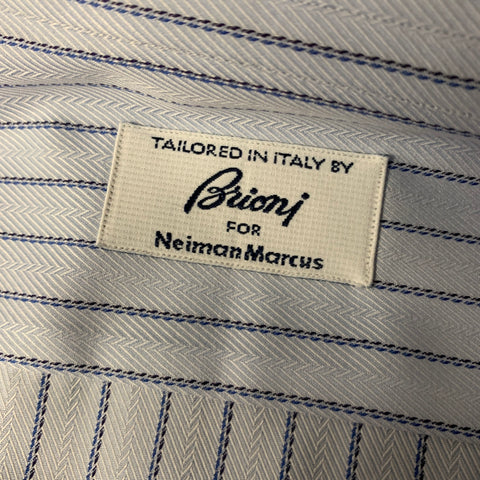 BRIONI Size XL Blue Navy Stripe Cotton Button Up Long Sleeve Shirt