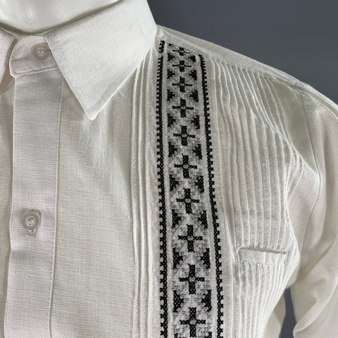 GUAYABERAS Size S White Black & Silver Mixed Patterns Linen Long Sleeve Shirt