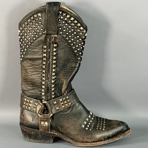 FRYE Size 8 Black Distressed Leather Studded Pull On Cowboy Boots