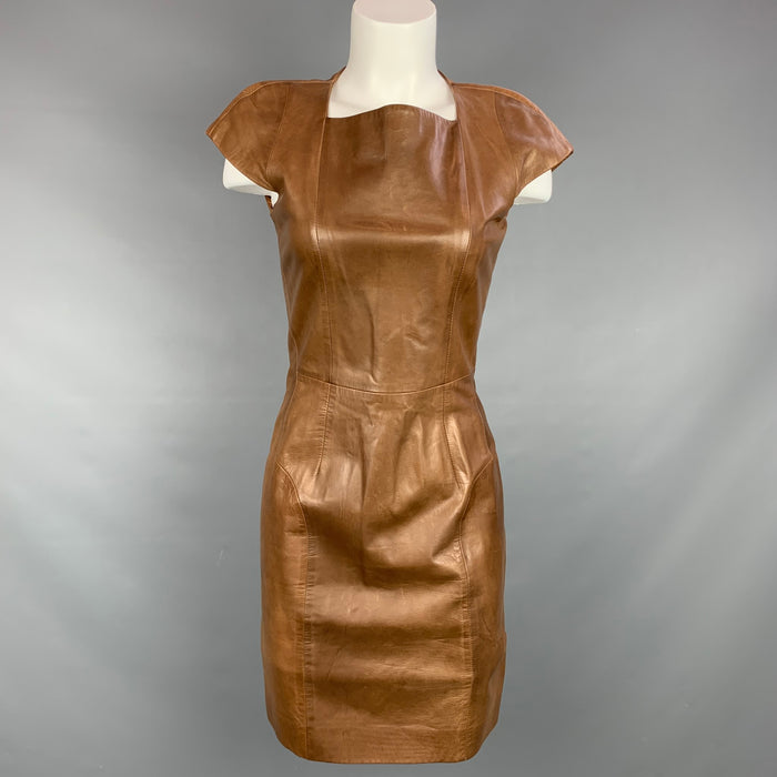 YVES SAINT LAURENT Size 6 Tan Leather Cap Sleeves Shift Dress
