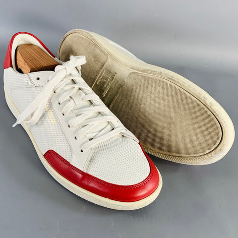 SAINT LAURENT Size 10 White Red Perforated Leather Color Block Low Top Sneakers
