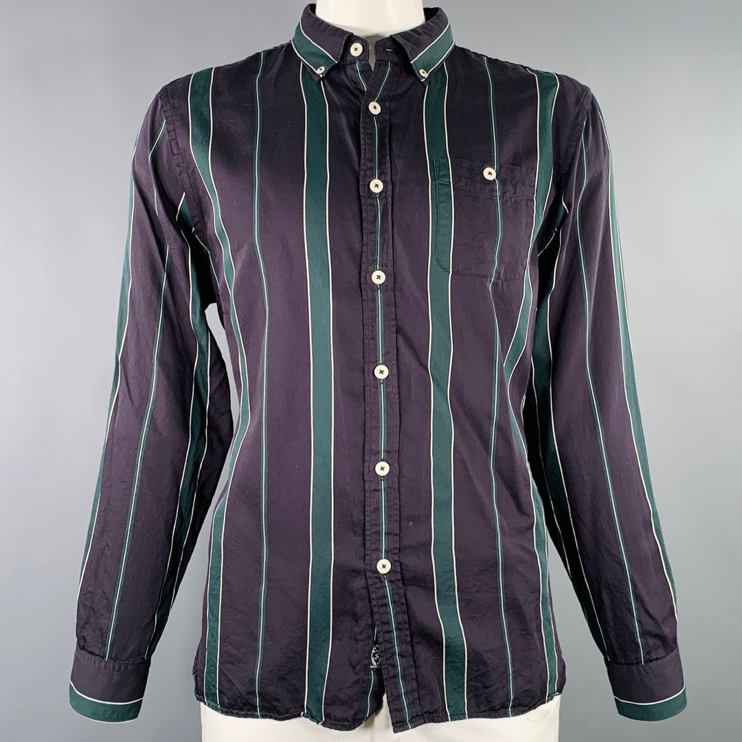 TODD SNYDER Size XL Black Dark Green Stripe Cotton Blend Long Sleeve Shirt