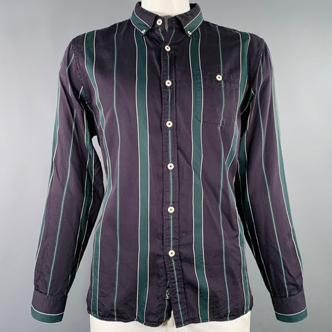 TODD SNYDER Size XL Black Dark Green Stripe Cotton Blend Long Sleeve Shirt