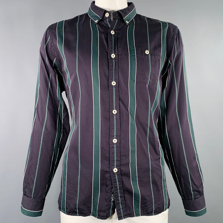 TODD SNYDER Size XL Black Dark Green Stripe Cotton Blend Long Sleeve Shirt