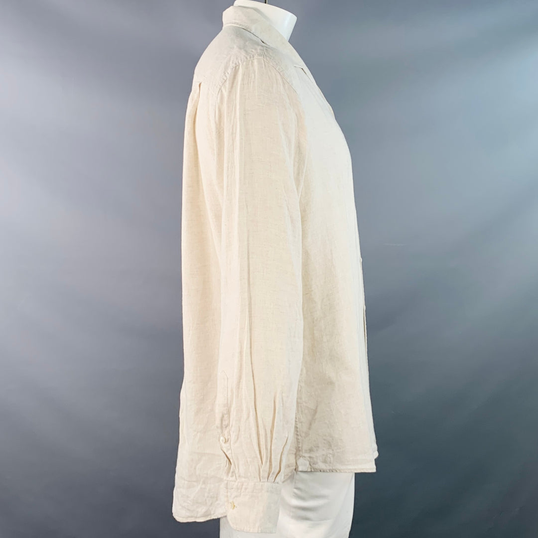 LORO PIANA Size XXL Beige Linen Relaxed Fit One Pocket Long Sleeve Shirt