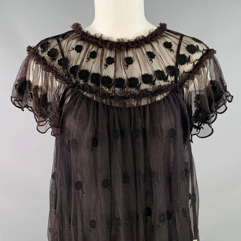 ULLA JOHNSON Size 0 Brown Black Nylon Mesh Lace Ruffle Dress Top