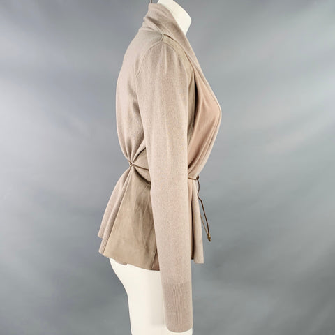 FABIANA FILIPPI Size S Brown Taupe Virgin Wool Blend Suede Mixed Fabrics Belted Cardigan