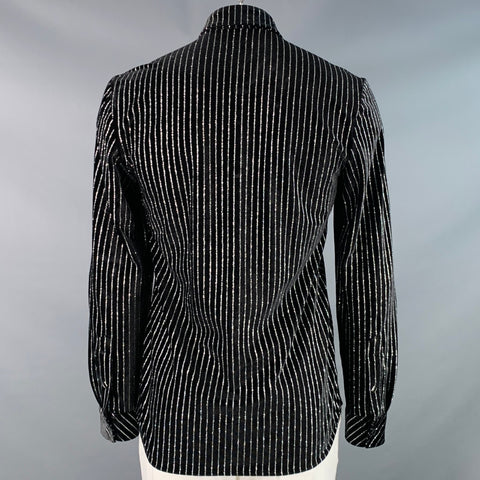 PHIX Size L Black Metallic Silver Pinstripe Velvet Spread Collar Snaps Long Sleeve Shirt