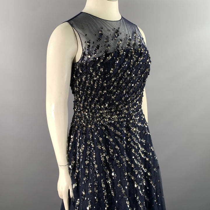 CAROLINA HERRERA Size 14 Navy Silver Nylon A-Line Long Gown