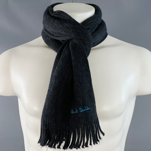 PAUL SMITH Grey Blue Embroidered Wool Knit Fringe Scarf