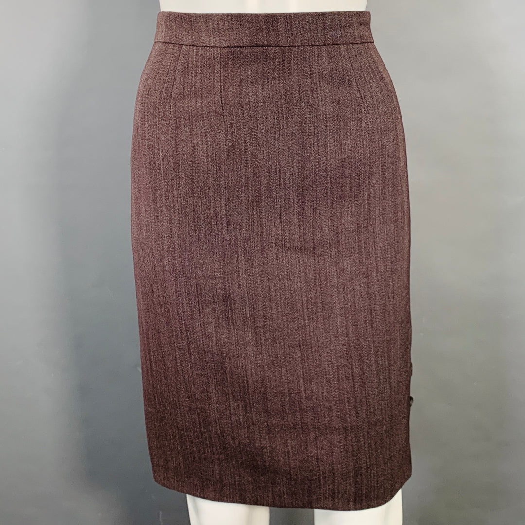 EMANUEL UNGARO Size 6 Purple Brown Wool Twill Mandarin Collar Midi Pencil Skirt Suit